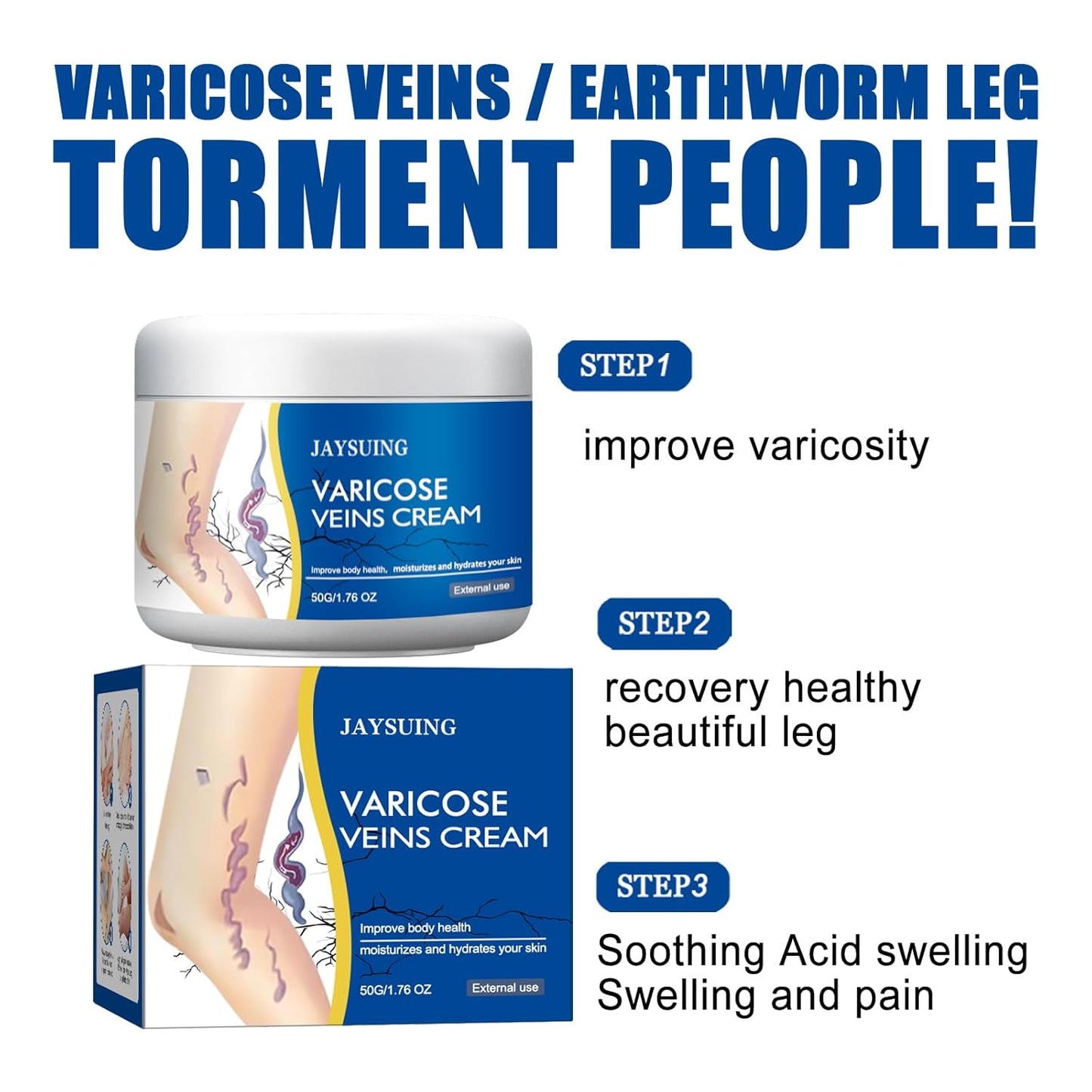 Jaysuing Varicose Veins Cream packaging with text on a white background
