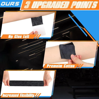 Product packaging with text highlighting features like 'No Glue Left', 'Premium Cotton', and 'Increased Flexibility'.