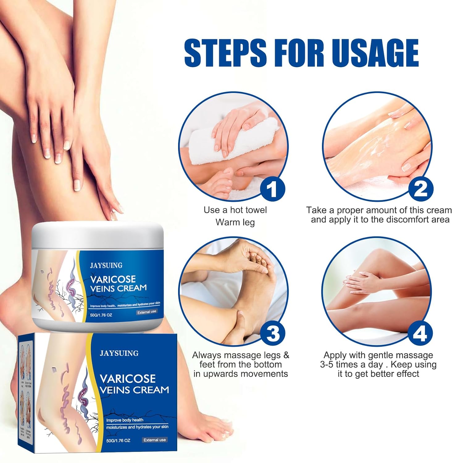 Instructions for using varicose veins cream with a jar and packaging displayed.