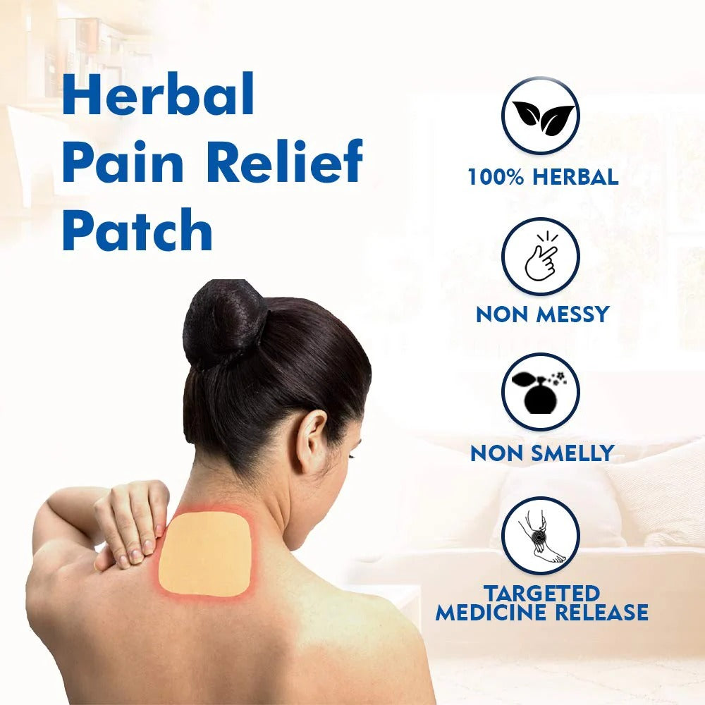 Herbal pain relief patch on a person's back with product features listed.