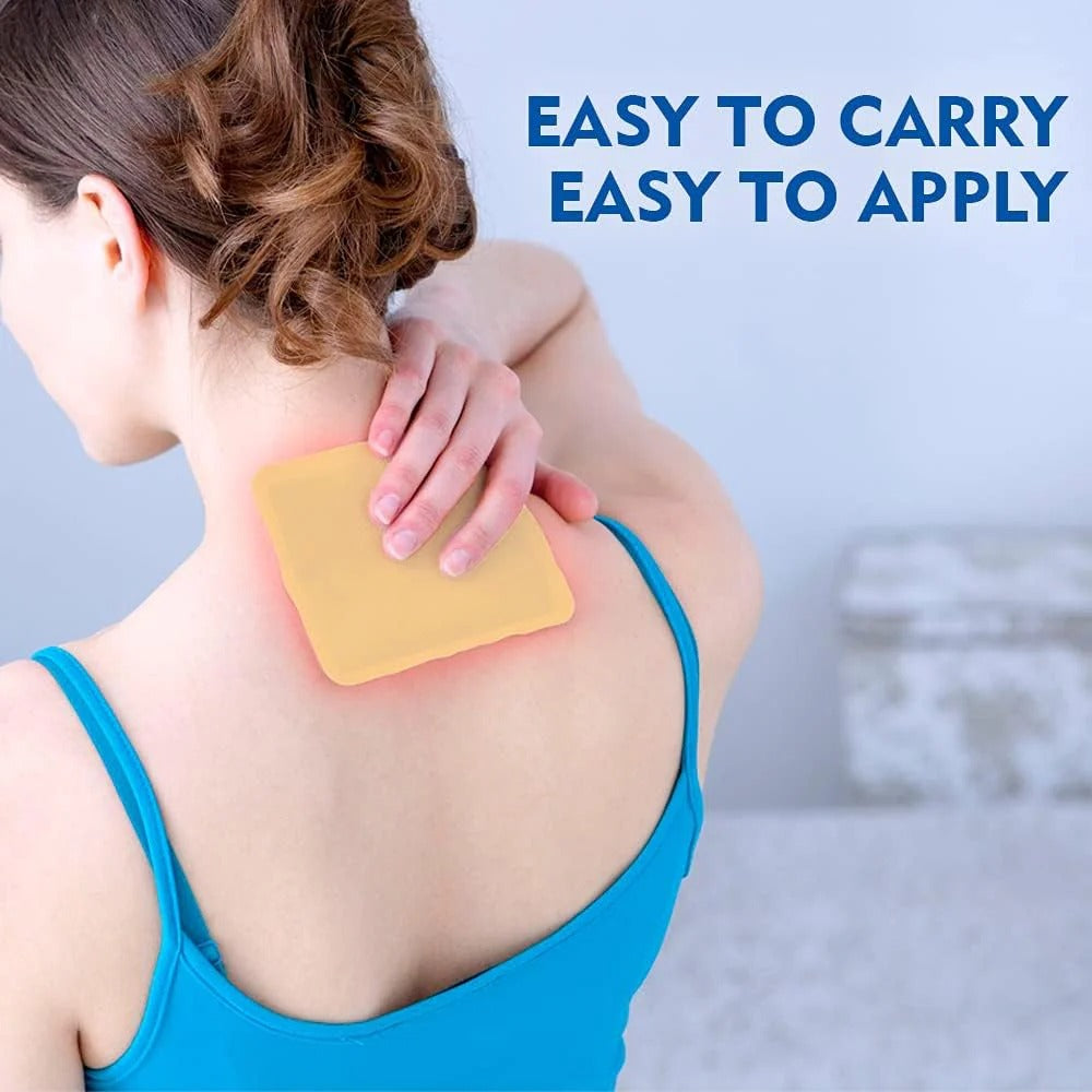 Woman applying a yellow patch to her shoulder with text 'Easy to carry, easy to apply' on a light blue background.
