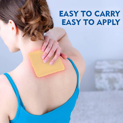 Woman applying a yellow patch to her shoulder with text 'Easy to carry, easy to apply' on a light blue background.