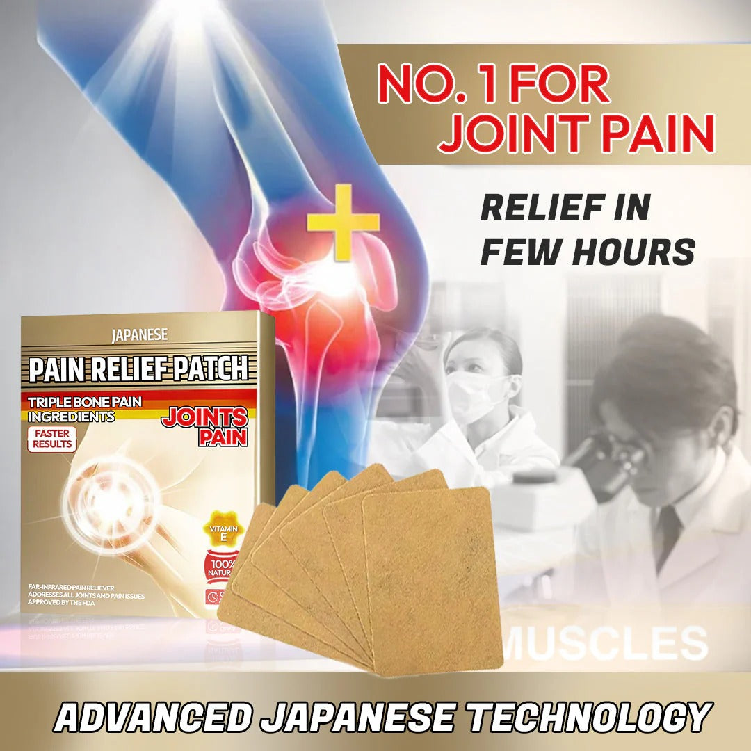 Pain relief patch for joint pain with packaging and promotional text.