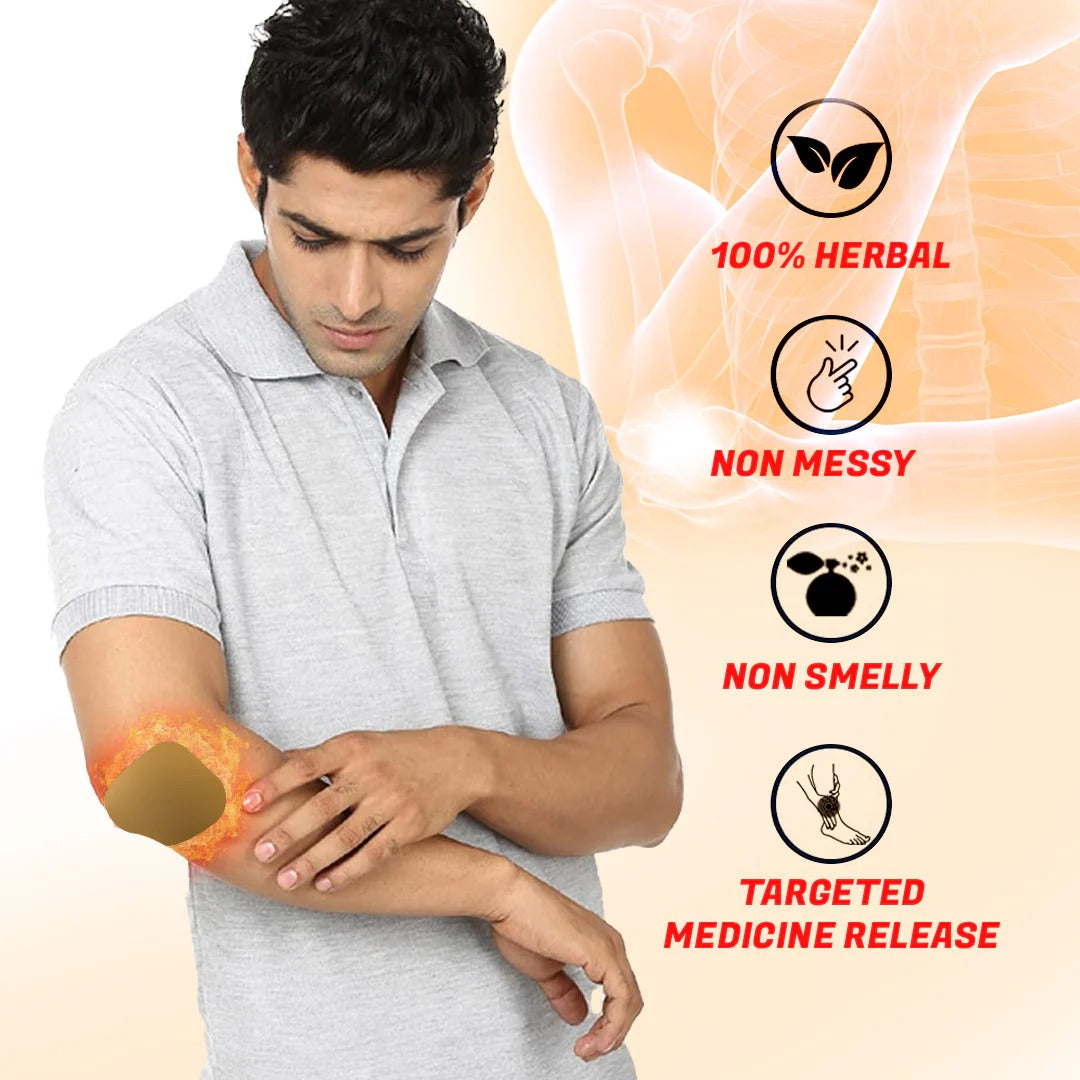 Man applying a patch on his arm with product features highlighted on the right.
