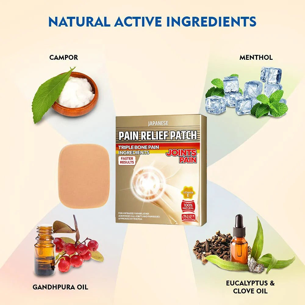 Pain relief patch with natural active ingredients displayed on a light background