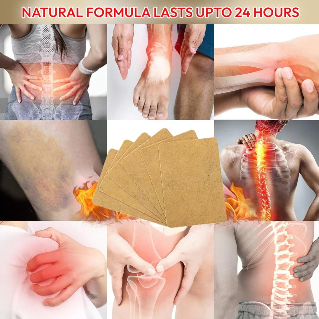 Collage of pain relief images with a natural formula product in the center.