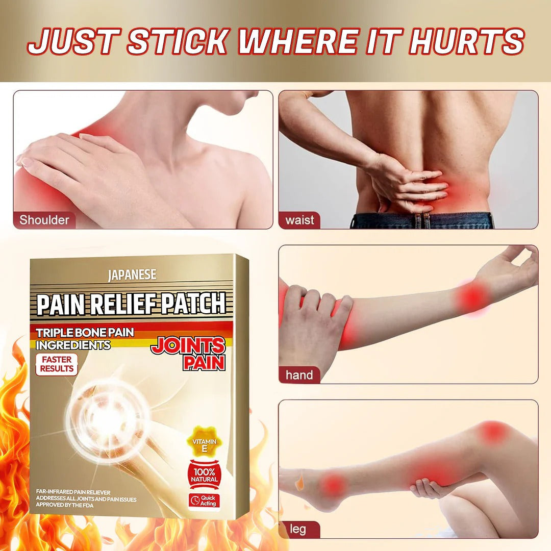 Pain relief patch advertisement showing application on various parts of the body with text 'Just stick where it hurts'.
