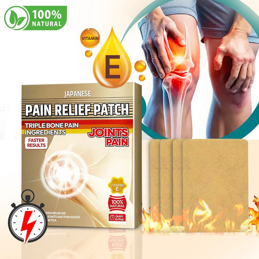 Pain relief patch packaging with a person holding a knee, indicating joint pain.