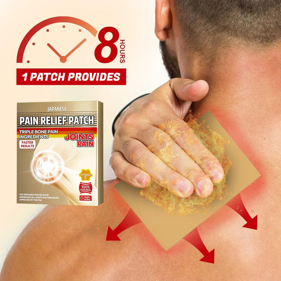 Pain relief patch being applied to a person's neck with packaging and text indicating pain relief duration.