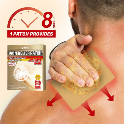 Pain relief patch being applied to a person's neck with packaging and text indicating pain relief duration.