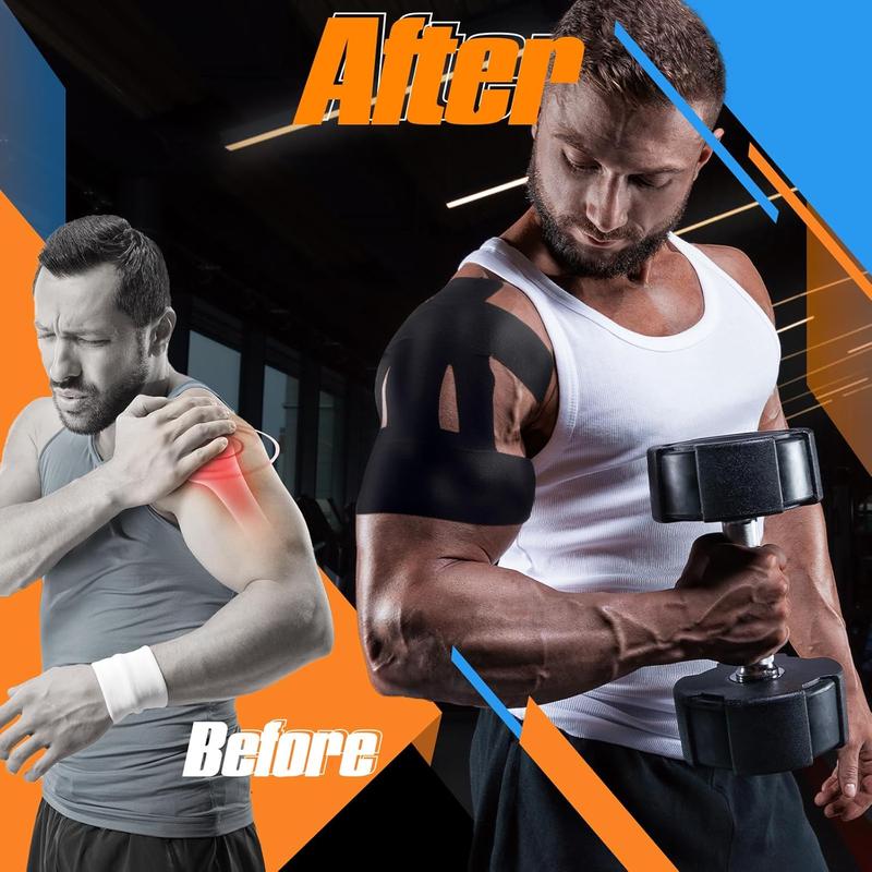 Before and after comparison of a person with shoulder pain and then showing a strong arm with a black brace lifting weights.