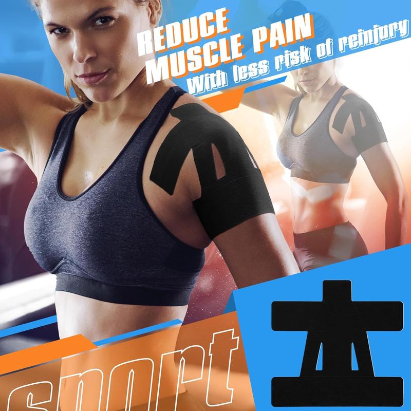 Woman wearing a black arm brace with text about reducing muscle pain and risk of reinjury.