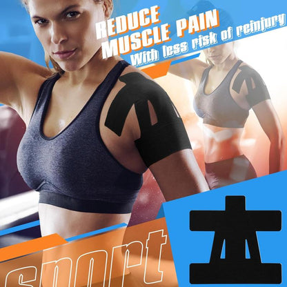 Woman wearing a black arm brace with text about reducing muscle pain and risk of reinjury.