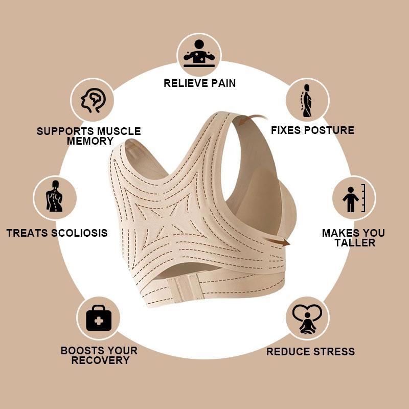 Beige back support brace with health benefits on a beige background