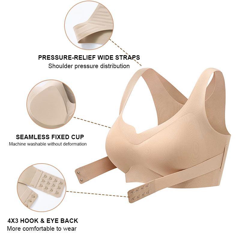 Beige bra with pressure-relief wide straps and seamless fixed cup on a white background