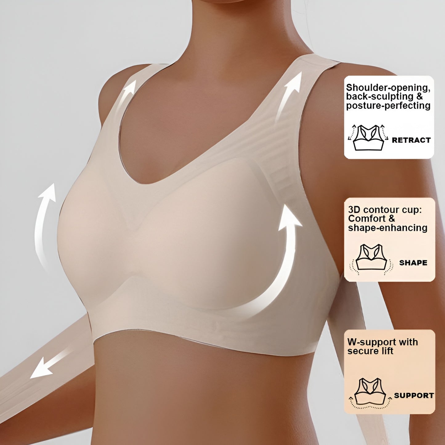 Beige sports bra with text highlighting features on a plain background